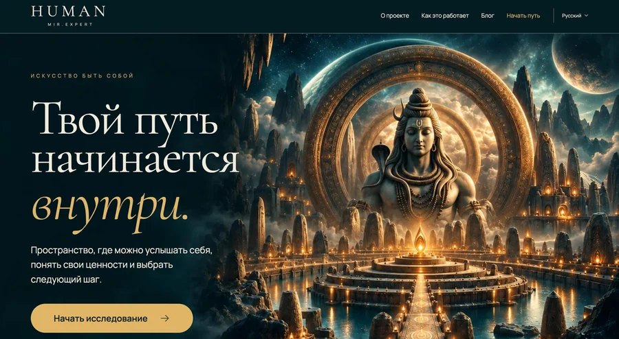HUMAN: кинематографический первый экран в глубоких зелёных и золотых тонах